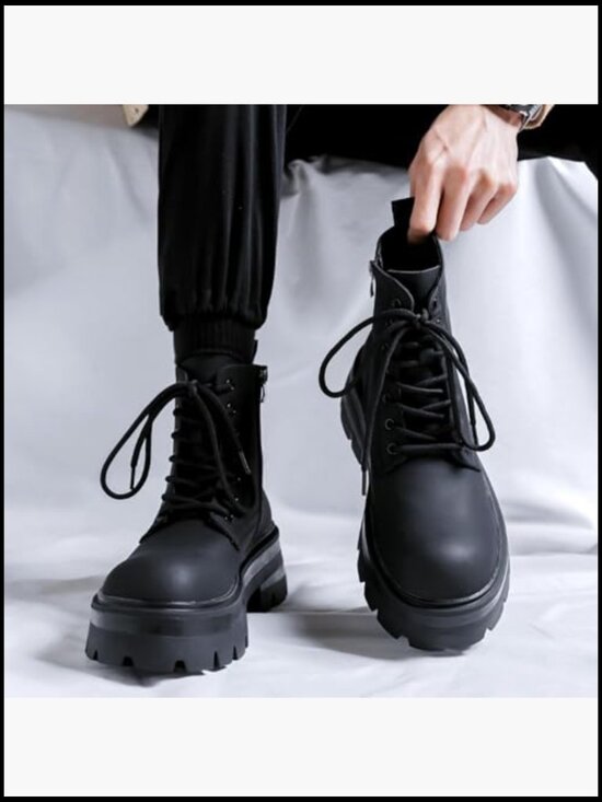 Black Leather Lace-up Platform Combat Boots Chunky Heel Lug Sole Side Zipper main image 4